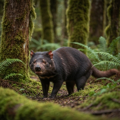 Close up of a Tasmanian Devil in a natural forest setting