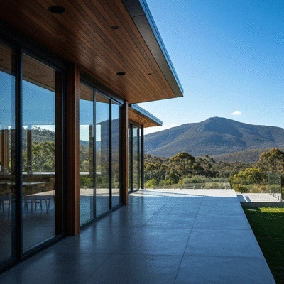 Modern contemporary house in Tasmania with large windows and scenic mountain background