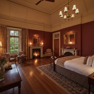 Elegant heritage hotel room with classic furniture and soft lighting