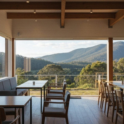 Cozy Tasmanian cafe with mountain view