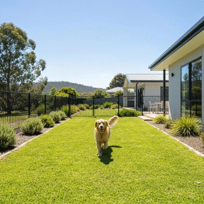 Happy dog playing in a secure fenced green yard of a holiday rental