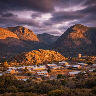 Scenic view of Queenstown Tasmania rugged mountains and historic mining landscape