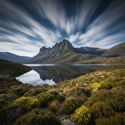 Stunning landscape of Cradle Mountain with Dove Lake at sunset