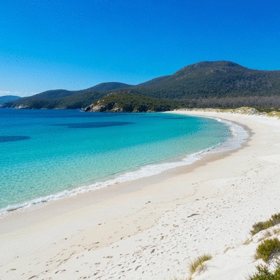 Aerial view of Wineglass Bay with its white sand and turquoise water
