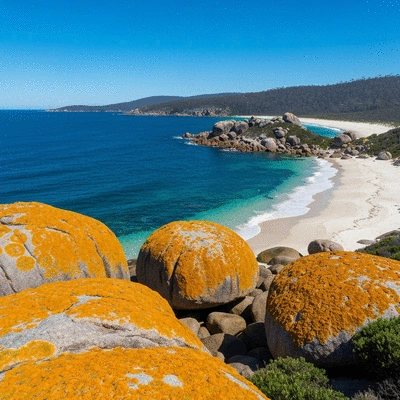 Scenic view of St Helens coastline with crystal clear water and orange lichen covered rocks