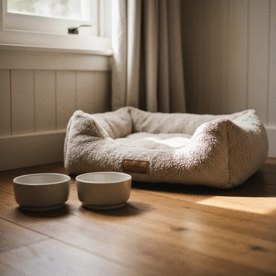 A cozy modern cottage interior with a dog bed and food bowls near a sunny window