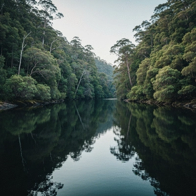 Tranquil water and lush forest at Kelly Basin Tasmania