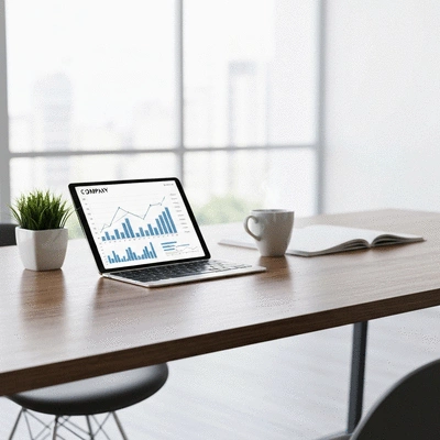 Modern office desk with financial charts and coffee