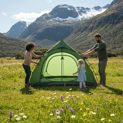 Family setting up a modern tent in a lush Tasmanian green meadow