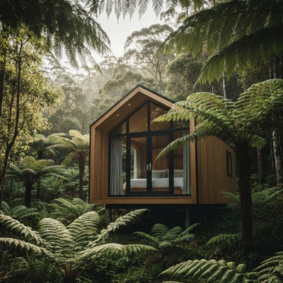 Modern eco-pod tucked into a lush green forest