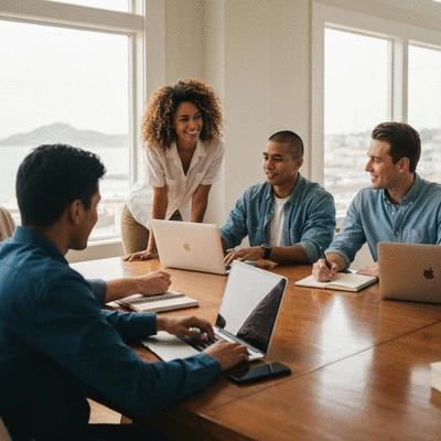 Professional modern office space with local workers collaborating around a wooden table