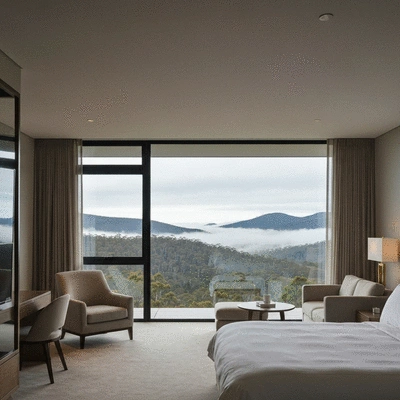 Luxurious boutique hotel interior with Tasmanian landscape views