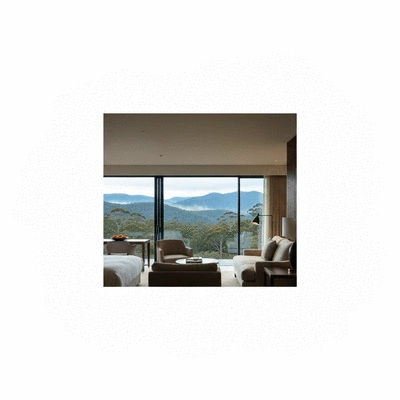 Luxury hotel room with view of Tasmanian mountains