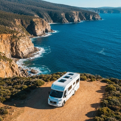 Modern campervan parked at a scenic Tasmanian coastal lookout with blue water